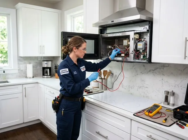 Appliance Repair Hero technician testing an over-the-range microwave in a Brighton, MI kitchen